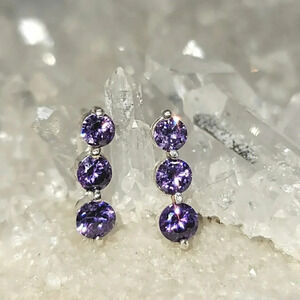 Purple Cubic Zirconia Three Stone Pierced Post Earrings